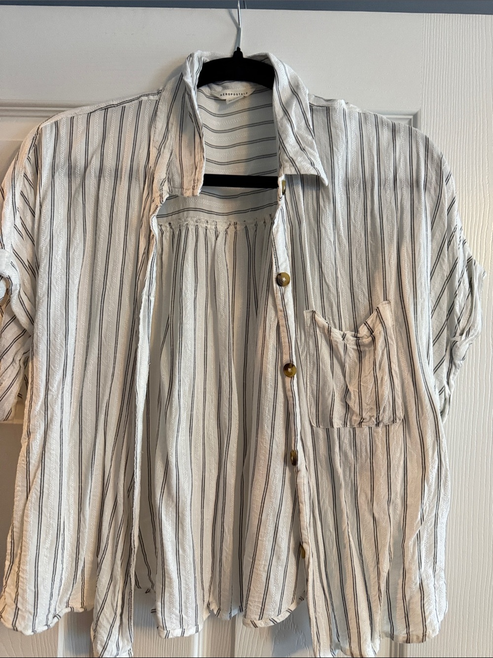 2/ $15- Lightweight White and gray Striped women’s Button-Up Shirt cropped style